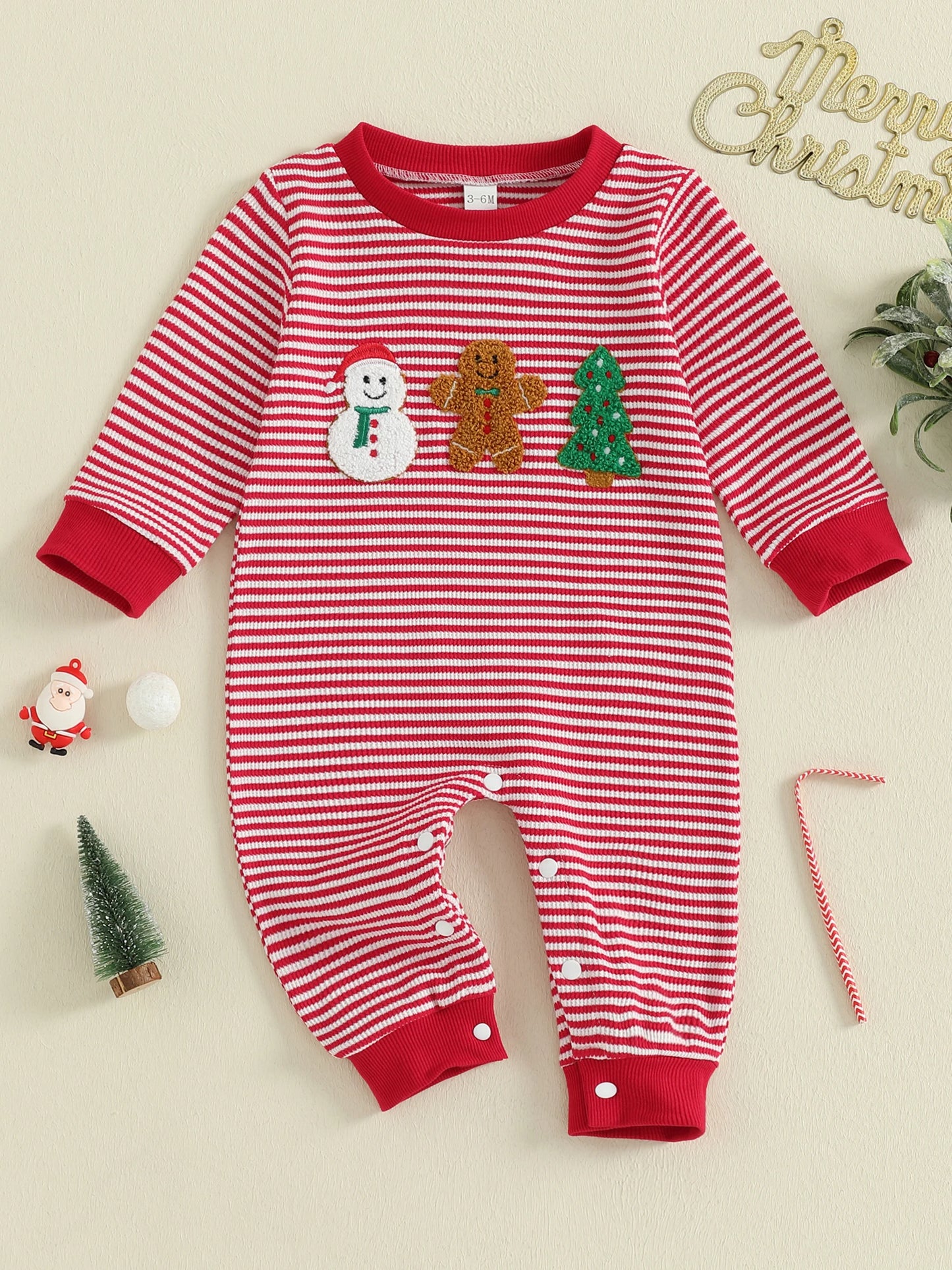 Infant Unisex Winter Romper Snowflake Embroidery Round Neck Long Sleeve Cozy Striped  for Holiday Season