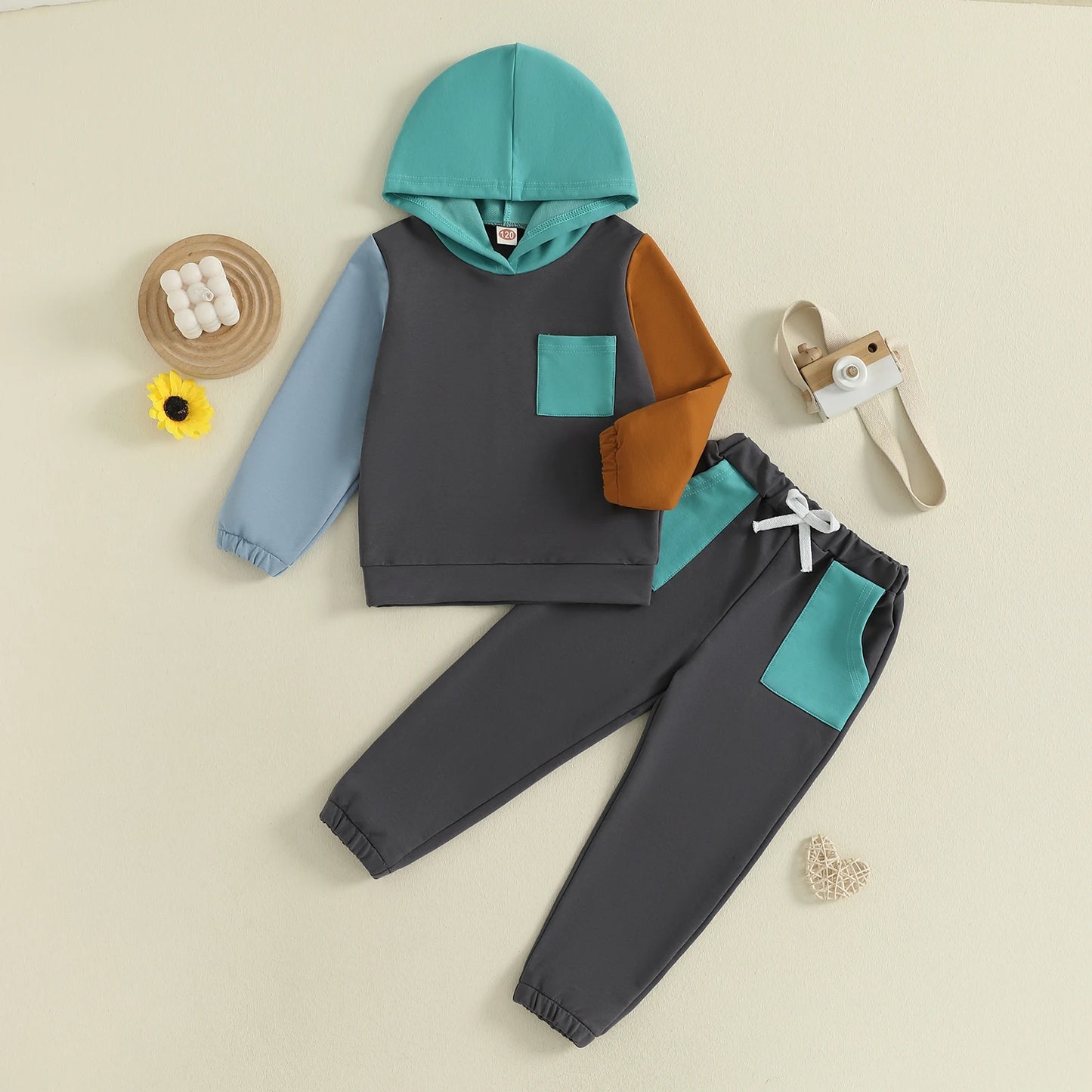 Adorable Infant Boys 2-Piece Set Stylish Hoodie and Pants Combo for Autumn Wear with Trendy Color Block Design