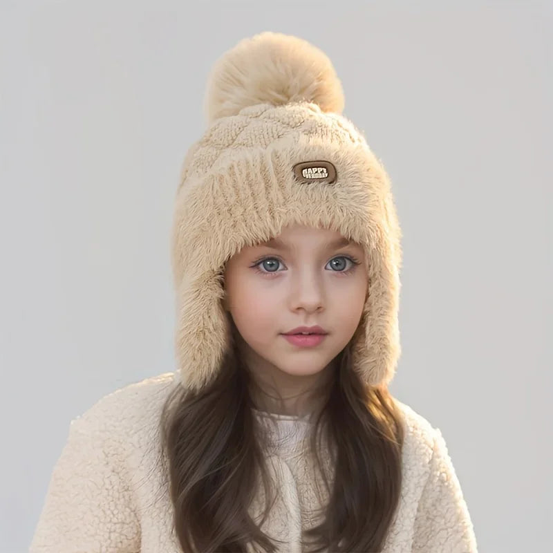 Kids Winter Warm Beanie with Ear Flaps Pastel Pink Windproof for Boys Girls Skiing Snowboarding