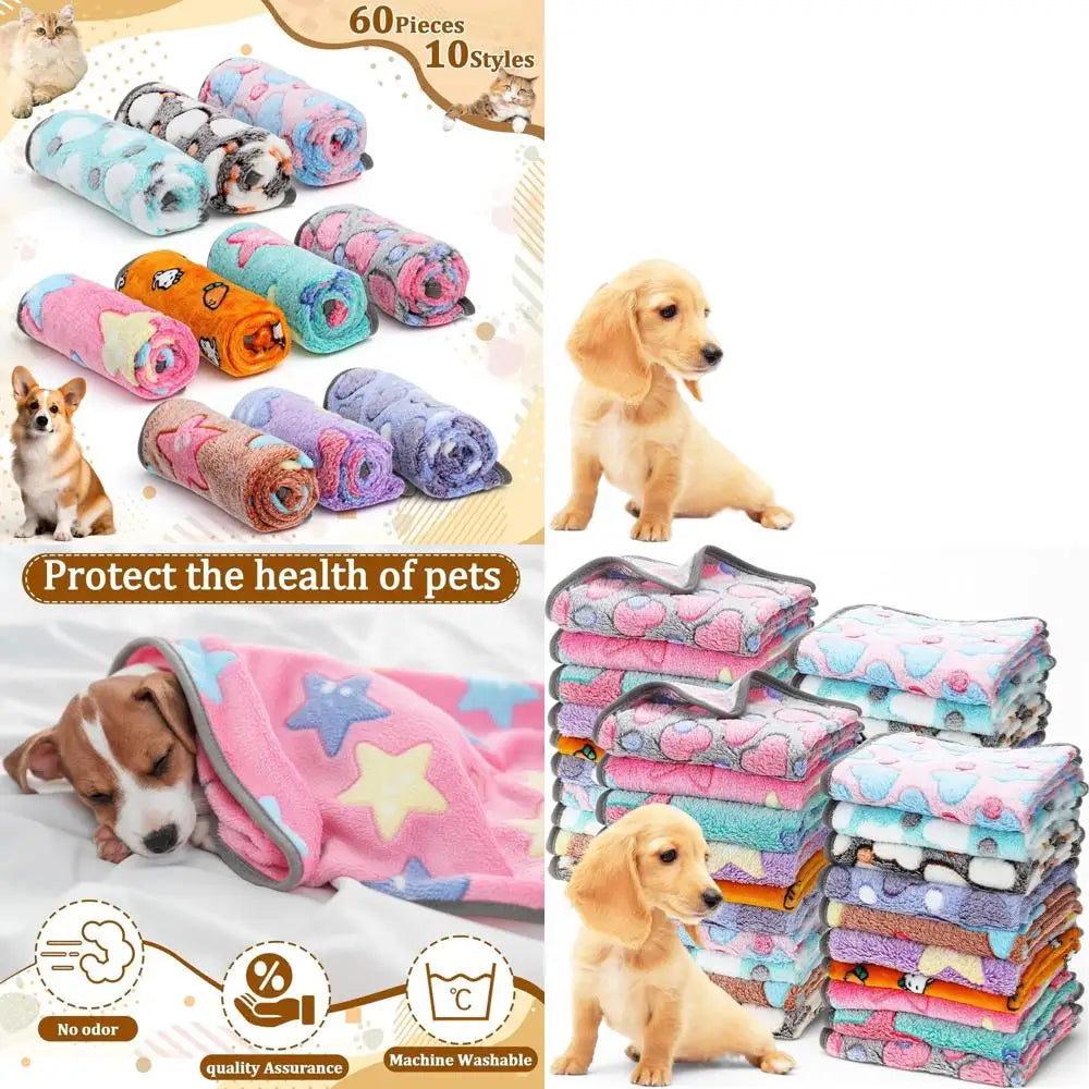 60 Pack Soft Flannel Christmas-Themed Fleece Blankets for Small Pets, Washable, 16x24