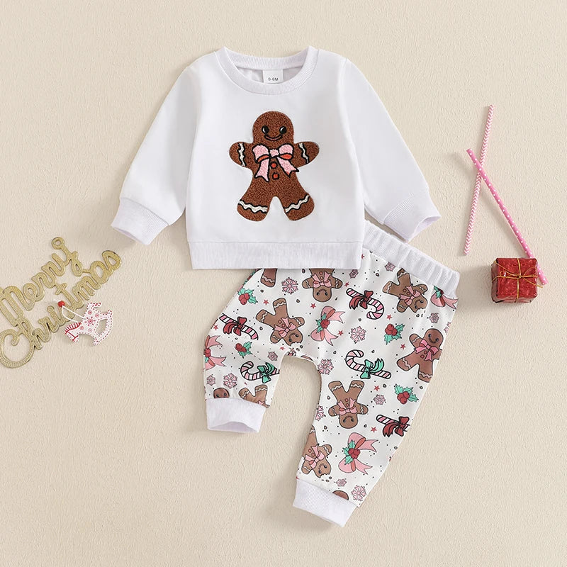 Toddler Girl Boy Christmas Outfits Embroidery Long Sleeve Sweatshirt with Gingerbread Man Print Pants Set