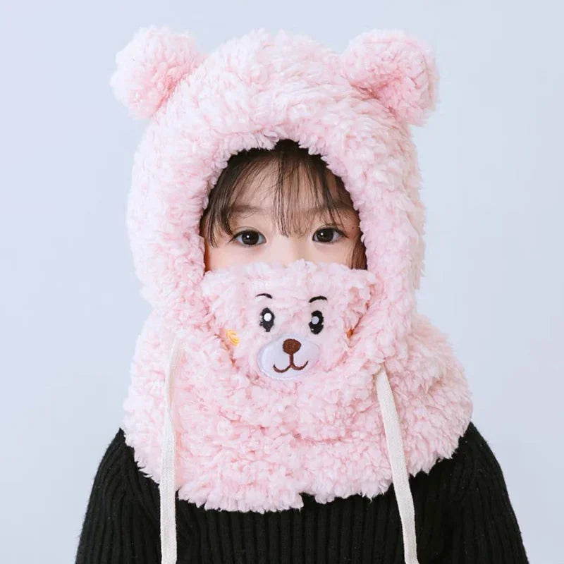 Children's Winter Hat Neck One - Piece Plush Cap with Cute Bear Design, Ear - Protection & Face Cover, for Boys & Girls
