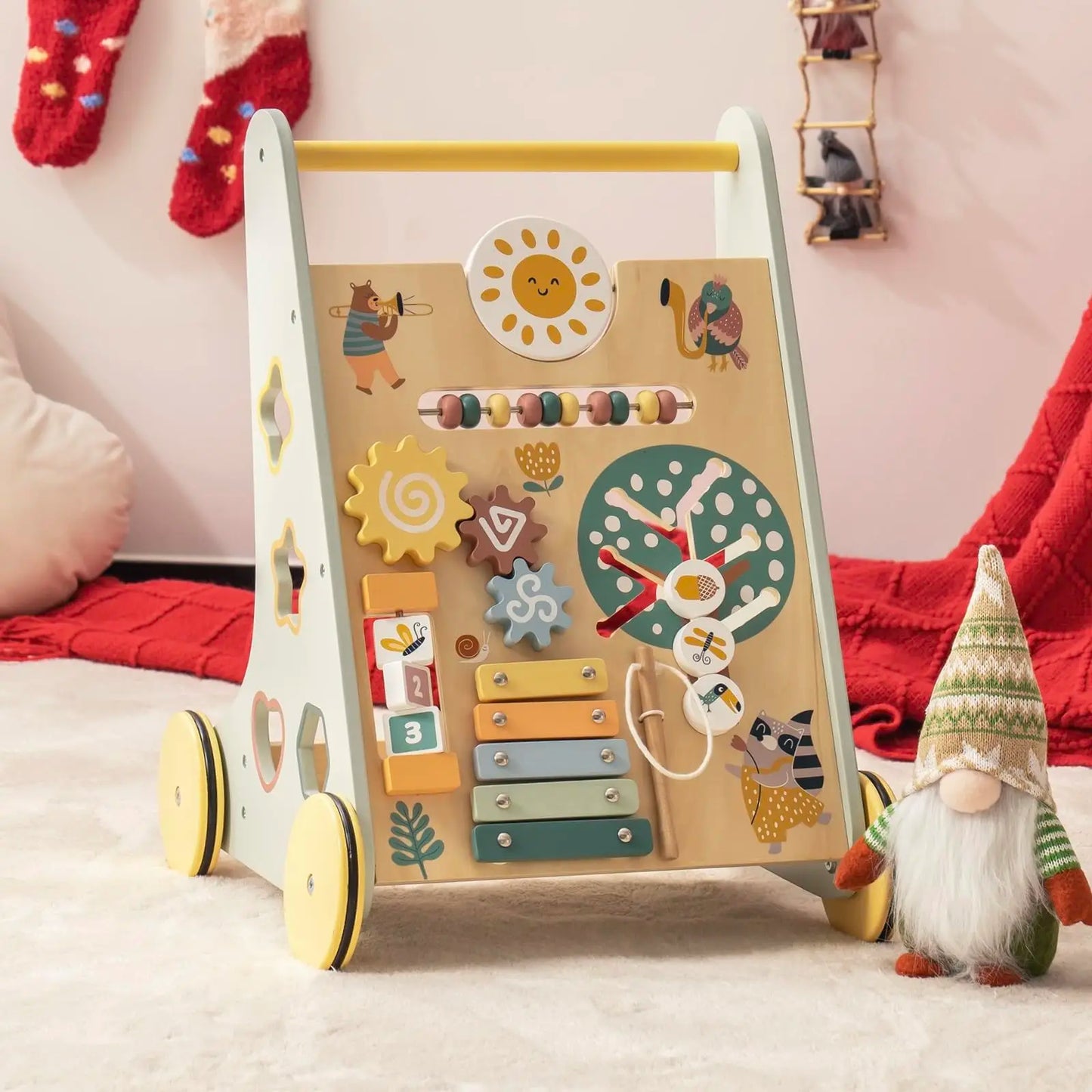 ROBOTIME ROBUD Wooden Baby Walker Baby Push Walker with Activity Center and Storage Montessori Walker Toy for Boys and Girls