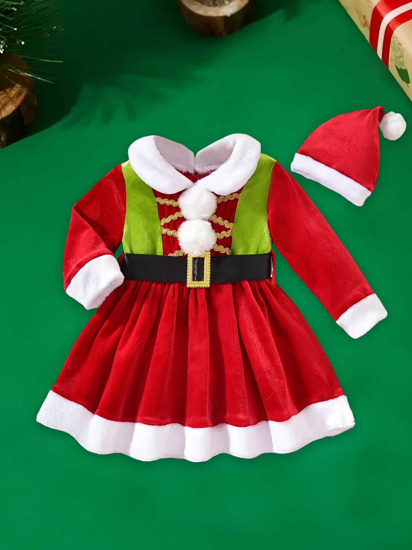 Toddler girl Christmas outfit, red dress and Santa hat.