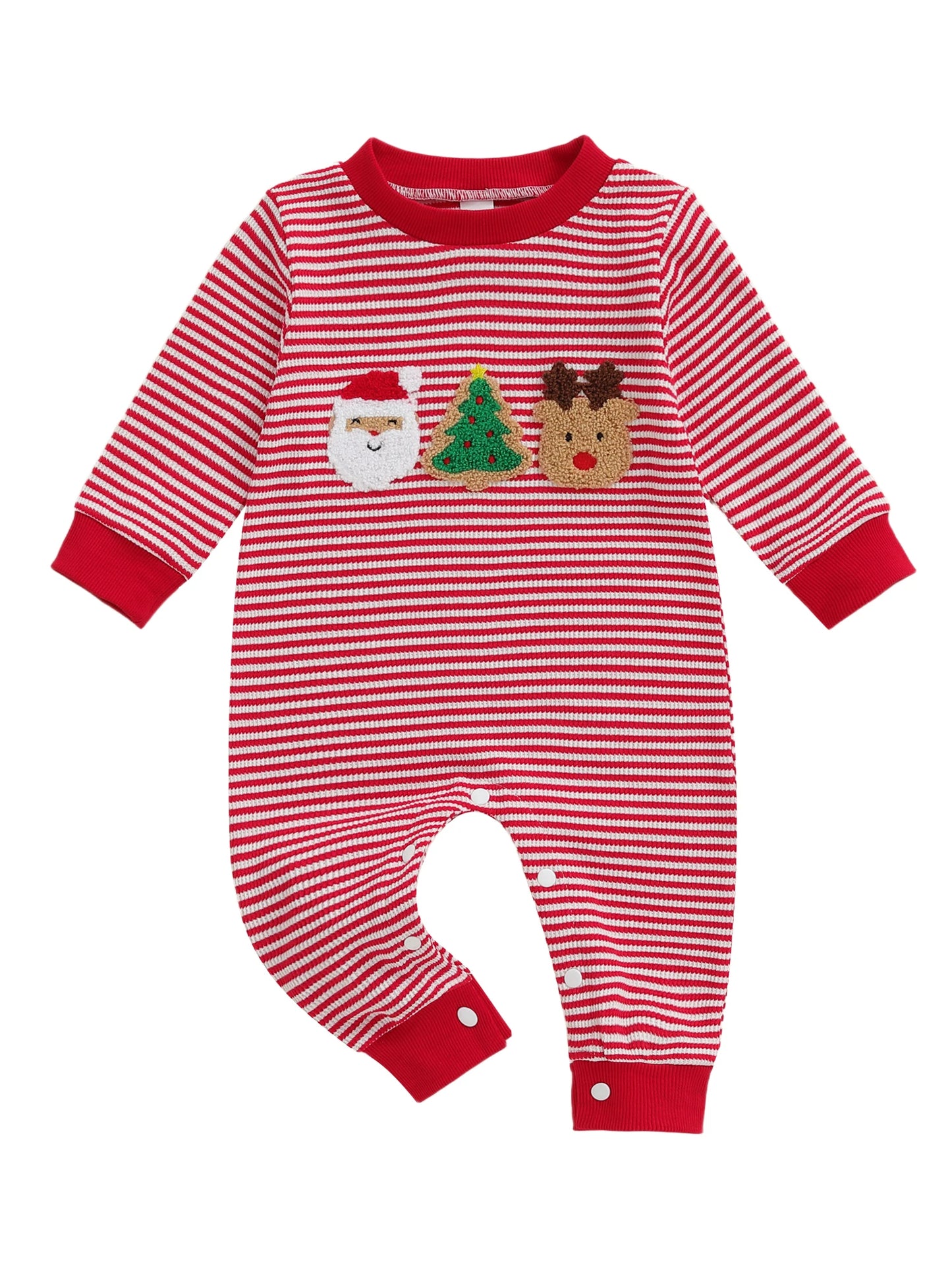 Infant Unisex Winter Romper Snowflake Embroidery Round Neck Long Sleeve Cozy Striped  for Holiday Season