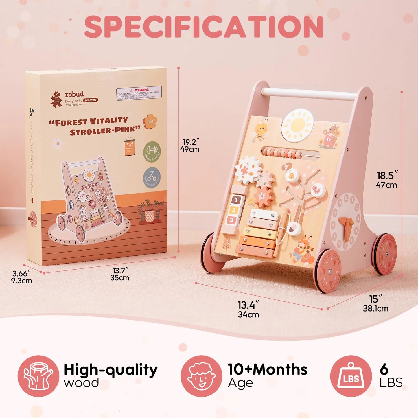 ROBOTIME ROBUD Wooden Baby Walker Baby Push Walker with Activity Center and Storage Montessori Walker Toy for Boys and Girls