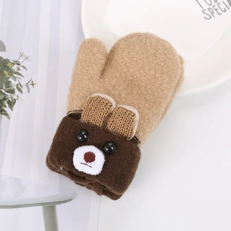 Toddler Winter Warm Knitted Gloves - Cute Bear Design Full Rope Thermal Mittens for Boys & Girls (Infant/Kids)