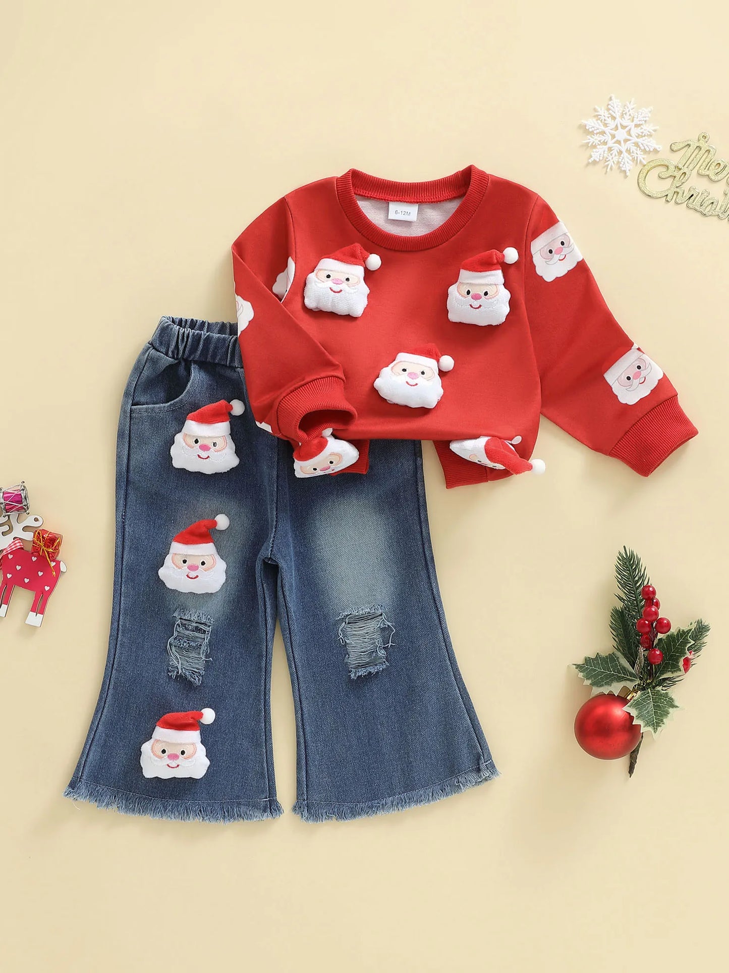 Toddler Girl Christmas Outfits 3D Reindeer Long Sleeve Round Neck Pullover Elastic Waist Ripped Denim Pants 2 Pcs Set