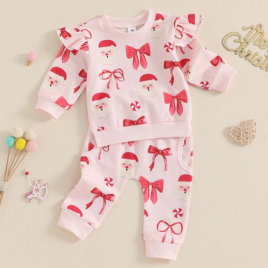 Toddler Girl Christmas Dress Red Plaid Ruffle Sleeve Santa Claus Printed Baby Girls Outfits with Leggings and Headband