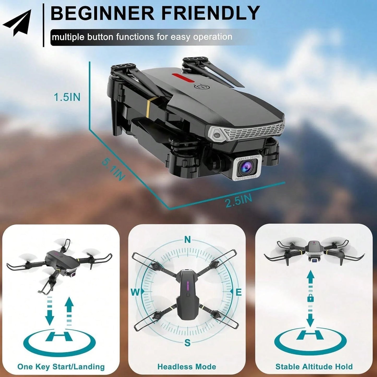E88 Drone With Camera, Foldable Drone With App Control, FPV Live Video RC Quadcopter With 4K Camera For Adults Beginners,Christm