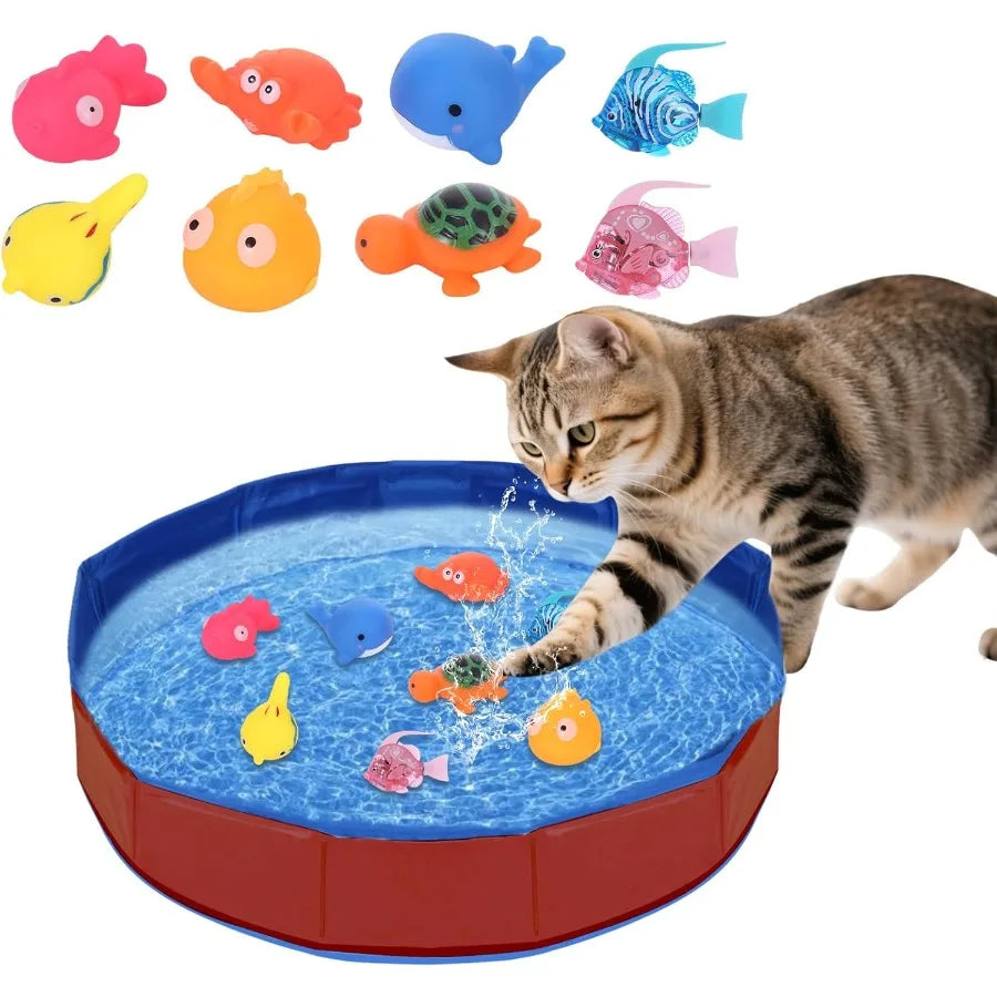 Cat Pool Toy with Interactive Fish Portable Cat Enrichment Toys for Indoor Cats Self Play Summer Kitty Pool with 8 Floating Swi
