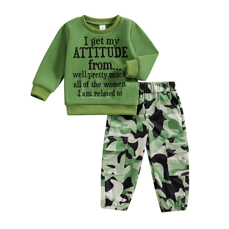 Toddler Boy Stylish Outfit Set Crew Neck Long Sleeve Graphic Tee Adjustable Waist Camo Cargo Joggers Little Boy 2 Piece Set