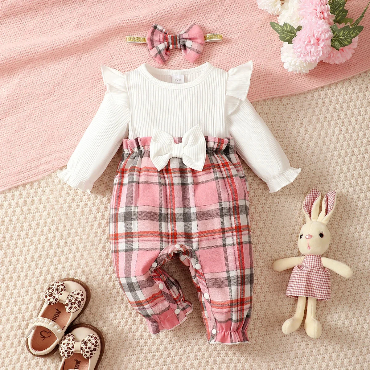0-18 Months Baby Girl Spring Autumn Outfit Pink Checkered Flying Sleeve Long Sleeve Jumpsuit + Headband