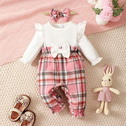0-18 Months Baby Girl Spring Autumn Outfit Pink Checkered Flying Sleeve Long Sleeve Jumpsuit + Headband
