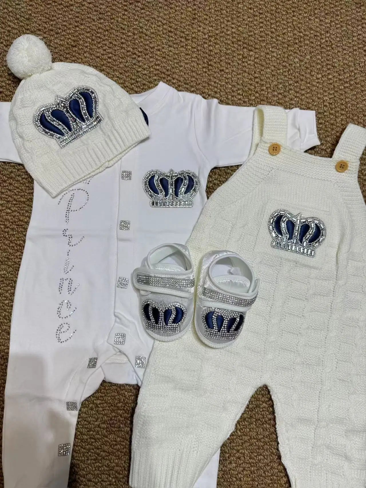 White Baptism Baby Coming Home Hospital Outfit Cotton Romper Knitted Back pants Receiving Blanket Swaddle Gift Set