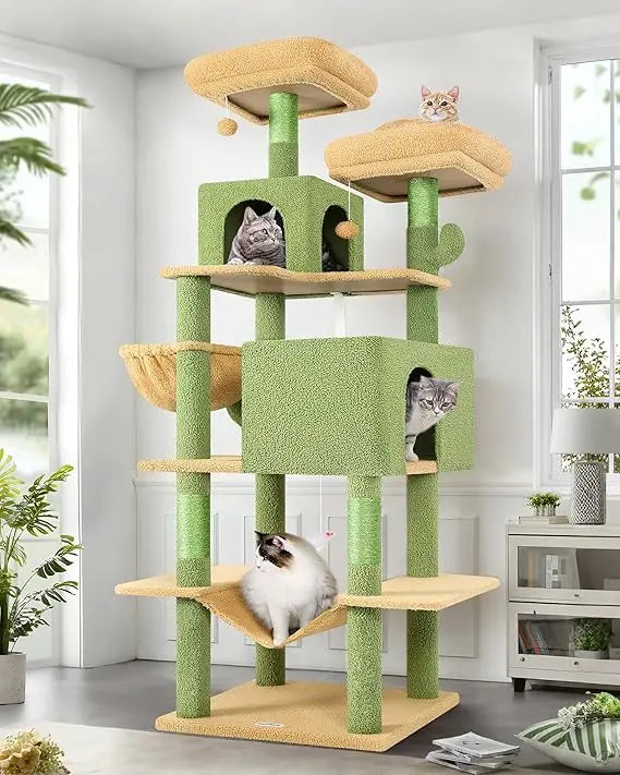 Cactus Cat Tree Tower 76-Inch Extra Tall Multi-Level Cat Furniture with Cozy Condos, Interactive Toys and Perches for Large Cats