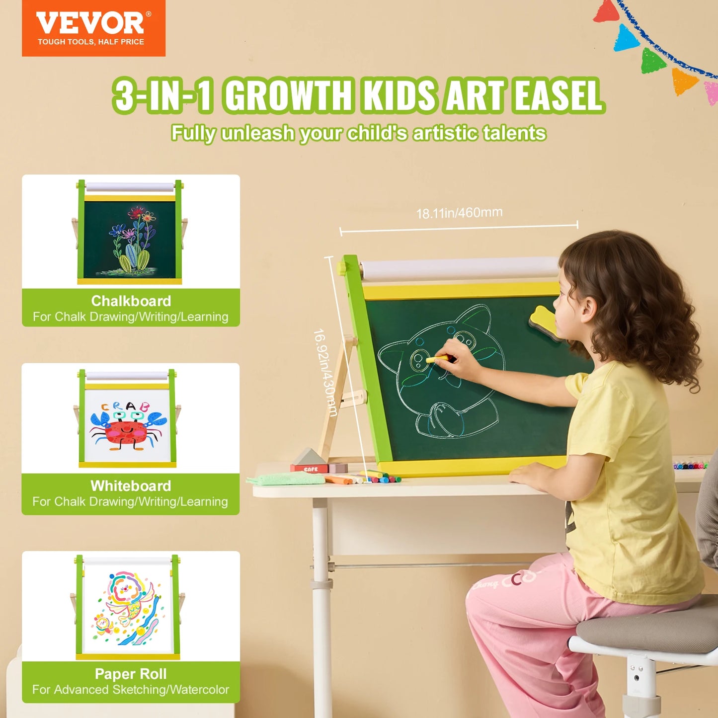 SucceBuy Tabletop Children Magnetic Drawing Board 3-in-1 Double-Sided Wooden Kids Art Easel with Painting Accessories for Girls