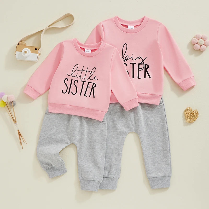 Baby and Sister Matching Outfits Letter Print Long Sleeve Pullover Sweatshirt Elastic Waist Pants for Fall Winter