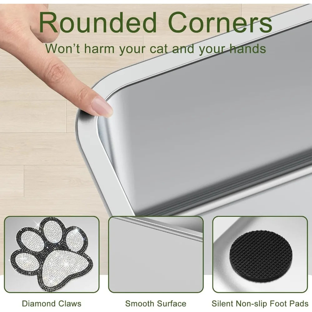 Stainless Steel Cat Litter Box High Side, XL Metal Litter Pan with Bling Paw, Kitten Toilet Pet Cleaning Tool for Big & Small Ca