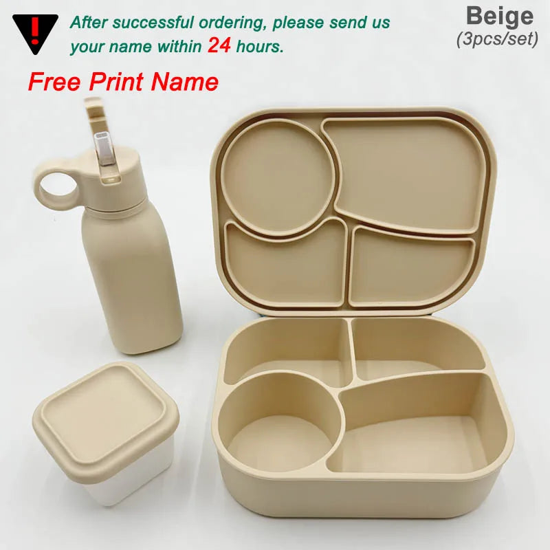 Personalized Name Silicone Lunch Bento Box Straw Water Bottle Sets Camping Picnic Food Drinkware Container Sippy Bottle For Kids