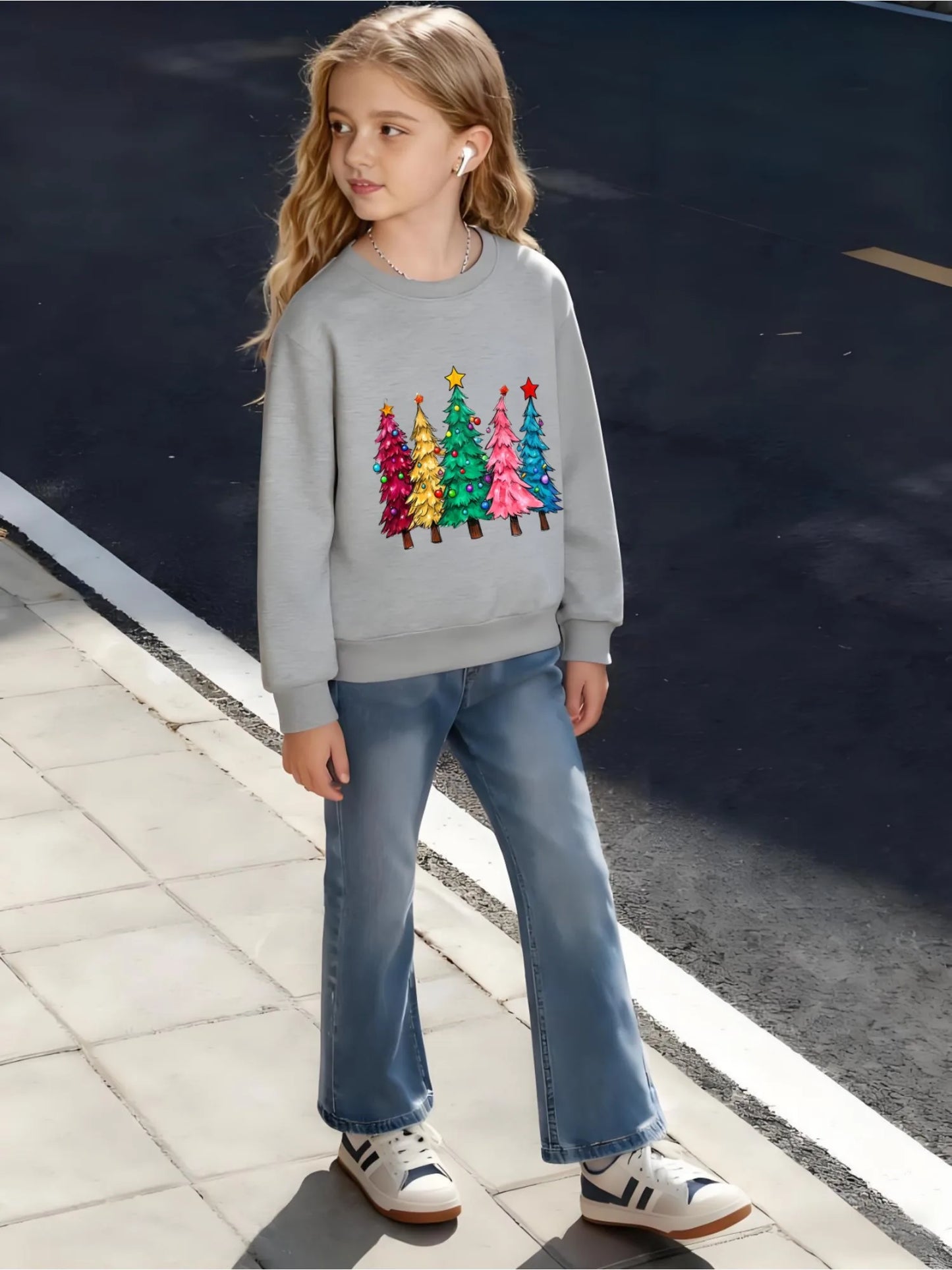 Kids Children's Cotton Sweatshirt Colorful Christmas Trees with Star Toppers for Boys Girls Winter Seasonal Theme Outfit