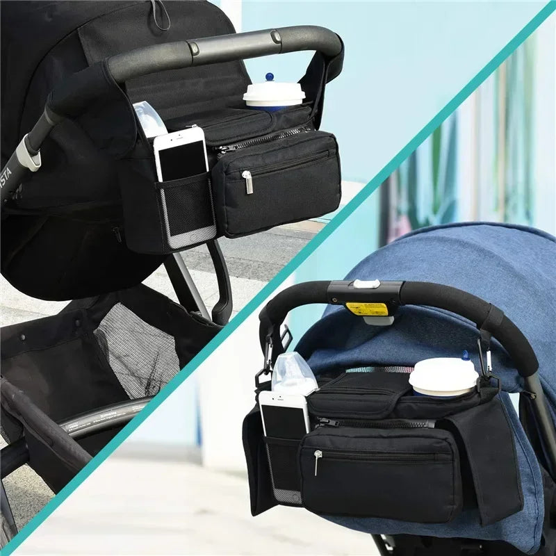 Universal Baby Stroller Organizer, with Insulated Cup Holder Detachable Phone Bag & Shoulder Strap, Fits Pet and Baby Stroller