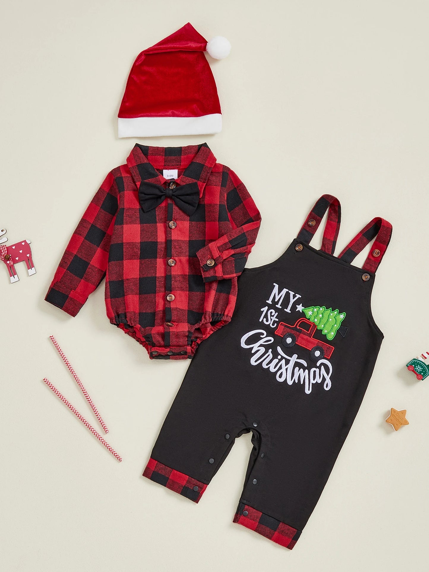 Toddler Boy Winter Outfit Plaid Shirt Long Sleeve Overalls Pants and Hat 3Pcs Christmas Clothes Set Letter Embroidery Jumpsuit