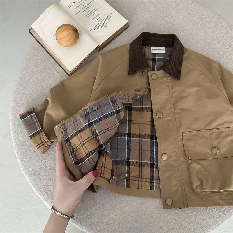 2025  Spring Autumn Kids Boys Jacket Plaid Spliced Pocket Long Sleeve Toddler Boys Outerwears Coat Children Boys Jacket