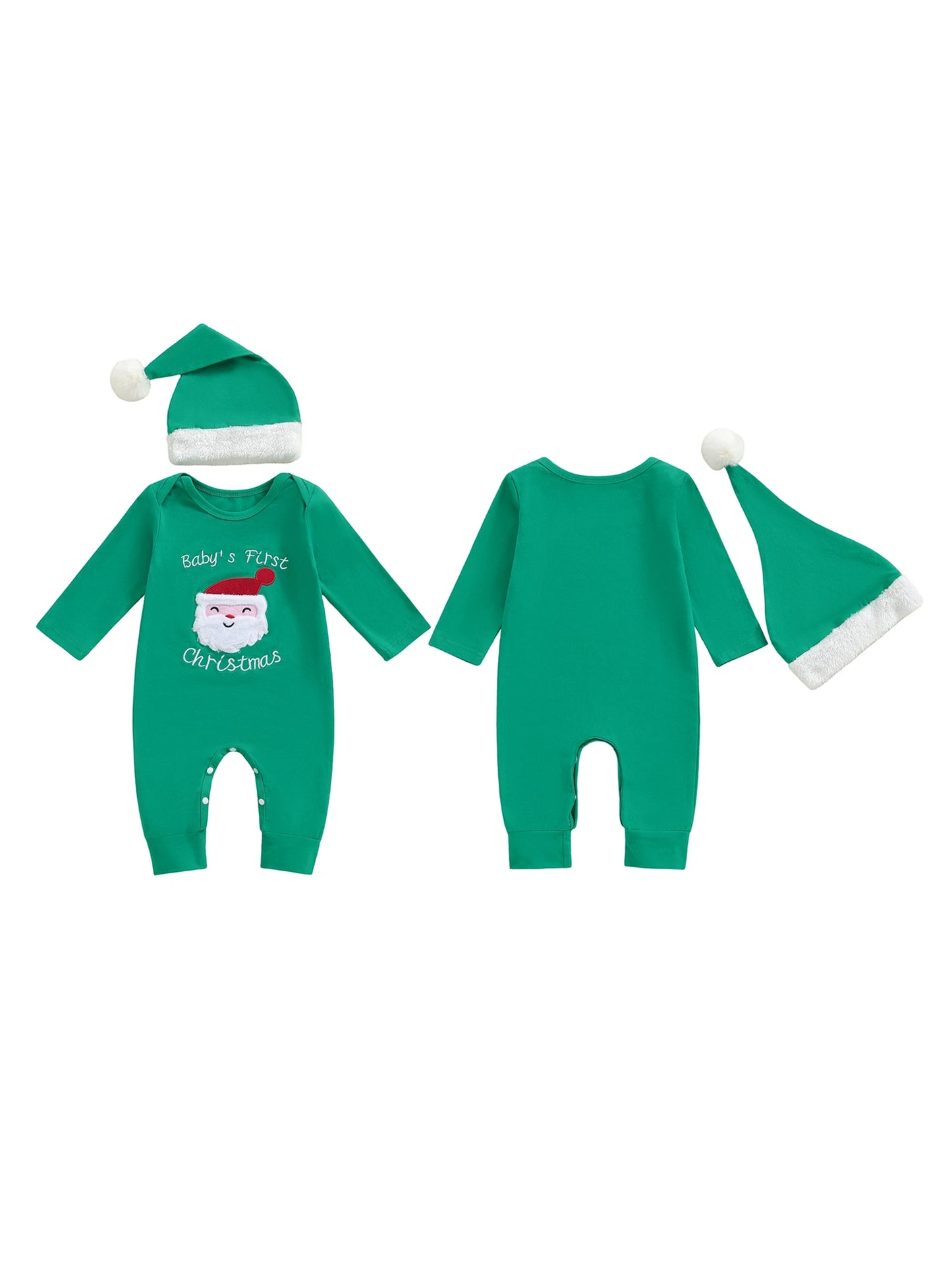 Infant Holiday Romper with Festive Santa Claus Embroidery Long Sleeves Round Neck and Matching Hat for Christmas Fun