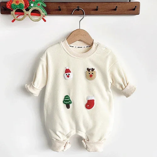 Christmas Children Clothes 0-24M Newborn Baby Boys Girls Bodysuits Long Sleeved Cartoon Velvet Jumpsuit New Year Clothing
