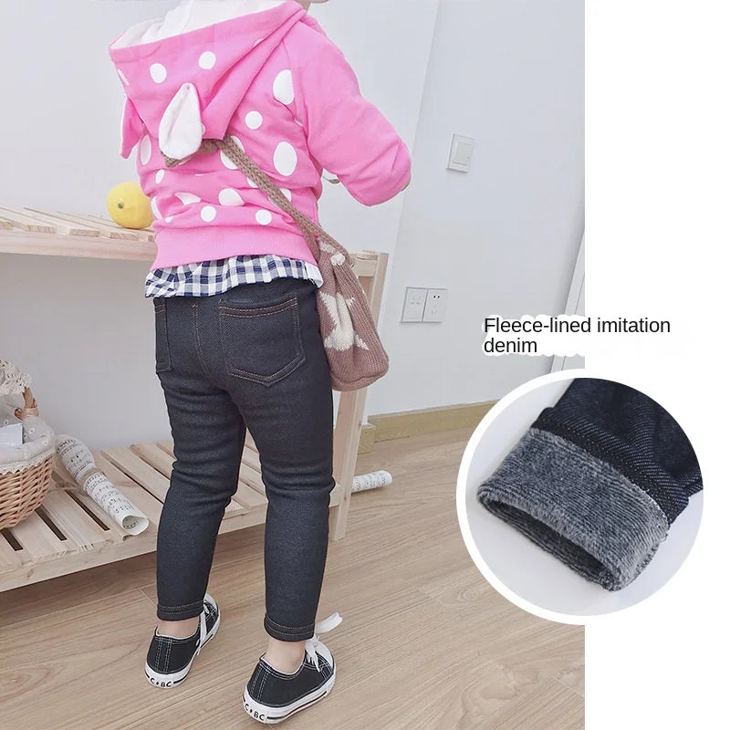 Winter Baby Boys Imitation Denim 2-6Y Children Thin Loose Trousers Boys Stretch Warm Pants Autumn Fashion Kids Fleece Jeans
