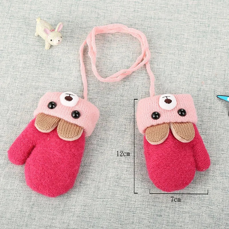 Toddler Winter Warm Knitted Gloves - Cute Bear Design Full Rope Thermal Mittens for Boys & Girls (Infant/Kids)