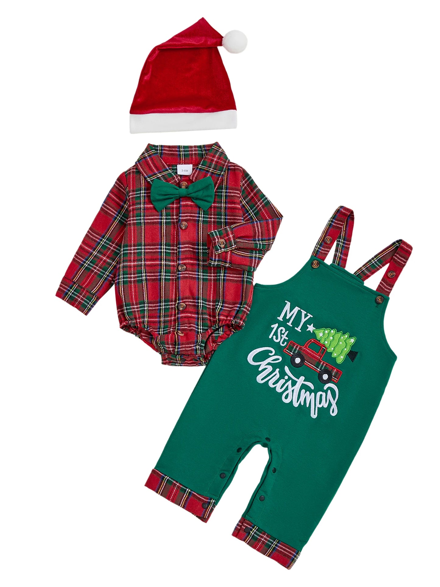 Toddler Boy Winter Outfit Plaid Shirt Long Sleeve Overalls Pants and Hat 3Pcs Christmas Clothes Set Letter Embroidery Jumpsuit