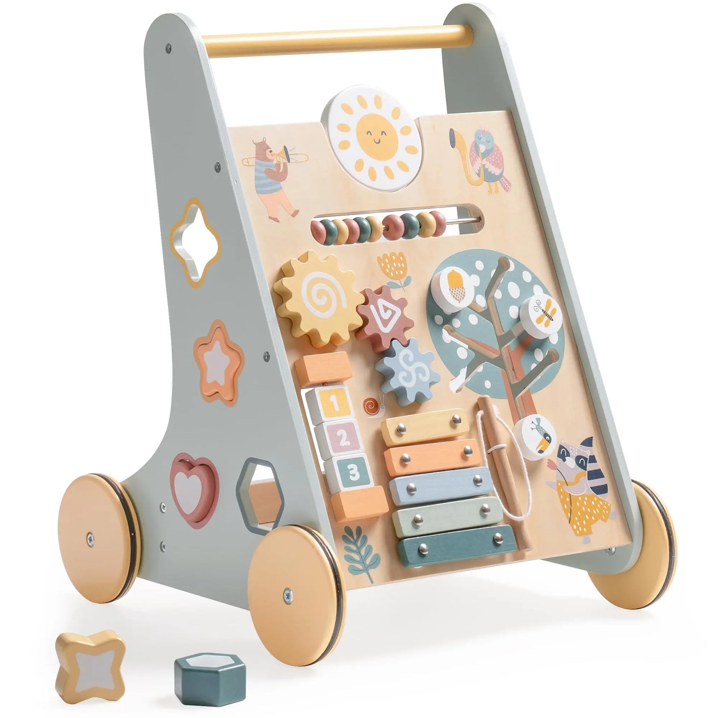 ROBOTIME ROBUD Wooden Baby Walker Baby Push Walker with Activity Center and Storage Montessori Walker Toy for Boys and Girls