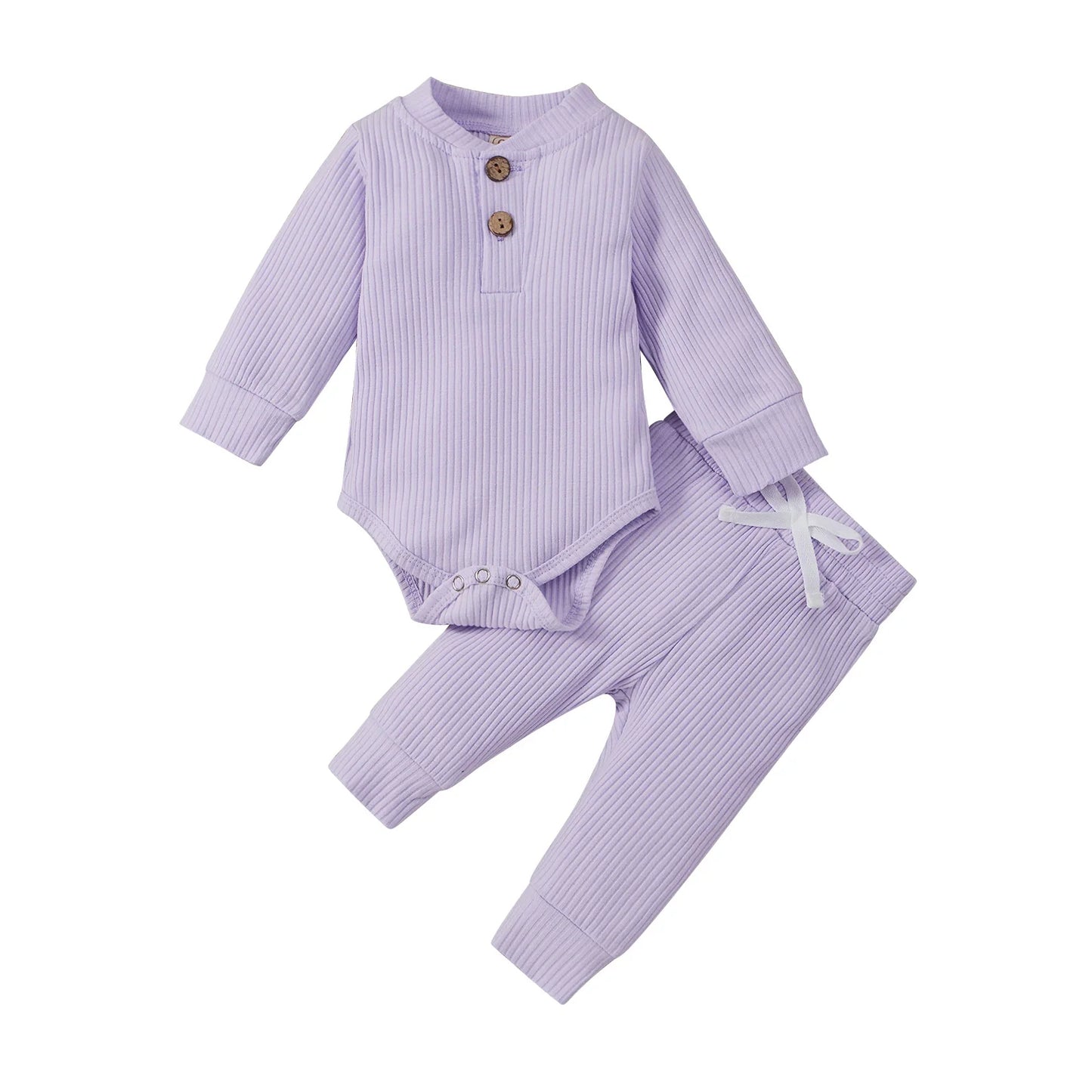 Spring Autumn Newborn Infant 2PCs Clothes Set for Boys & Girls Ribbed/Plaid/Solid Long Sleeve Bodysuit + Elastic Pants