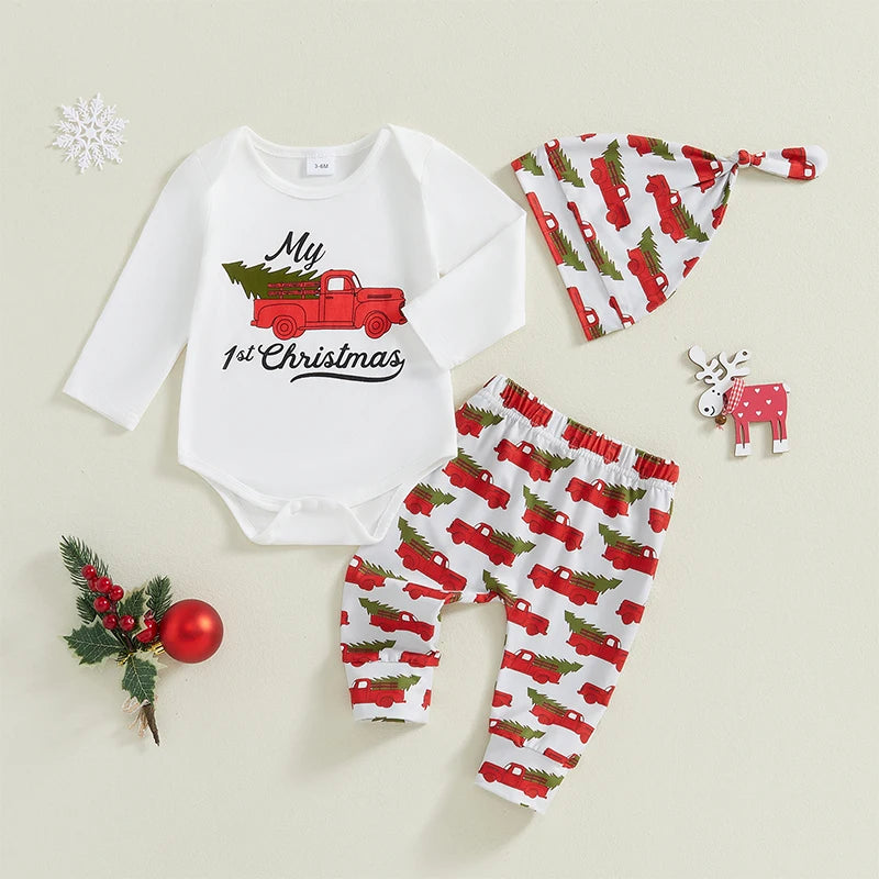 3Pcs Baby Christmas Outfits Long Sleeve Truck Print Romper Pants Hat Set Infant Clothes
