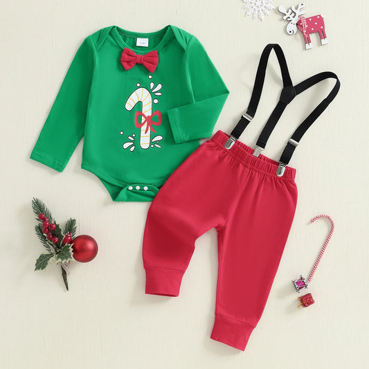Baby Boy Christmas Holiday Plaid Shirt and Suspender Pants Set with Bow Tie for Formal Occasions and Photoshoots