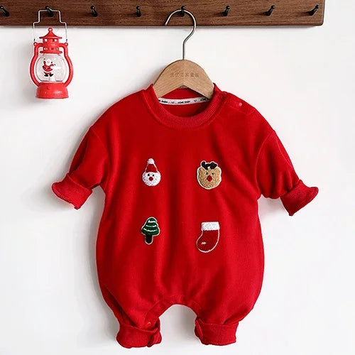 Christmas Children Clothes 0-24M Newborn Baby Boys Girls Bodysuits Long Sleeved Cartoon Velvet Jumpsuit New Year Clothing