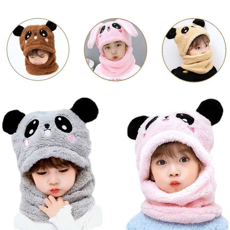 Parent-child 2pcs Hat Scarf Set Cartoon Double Fleece Thicken Warm for Kids Adults Boys Girls Winter