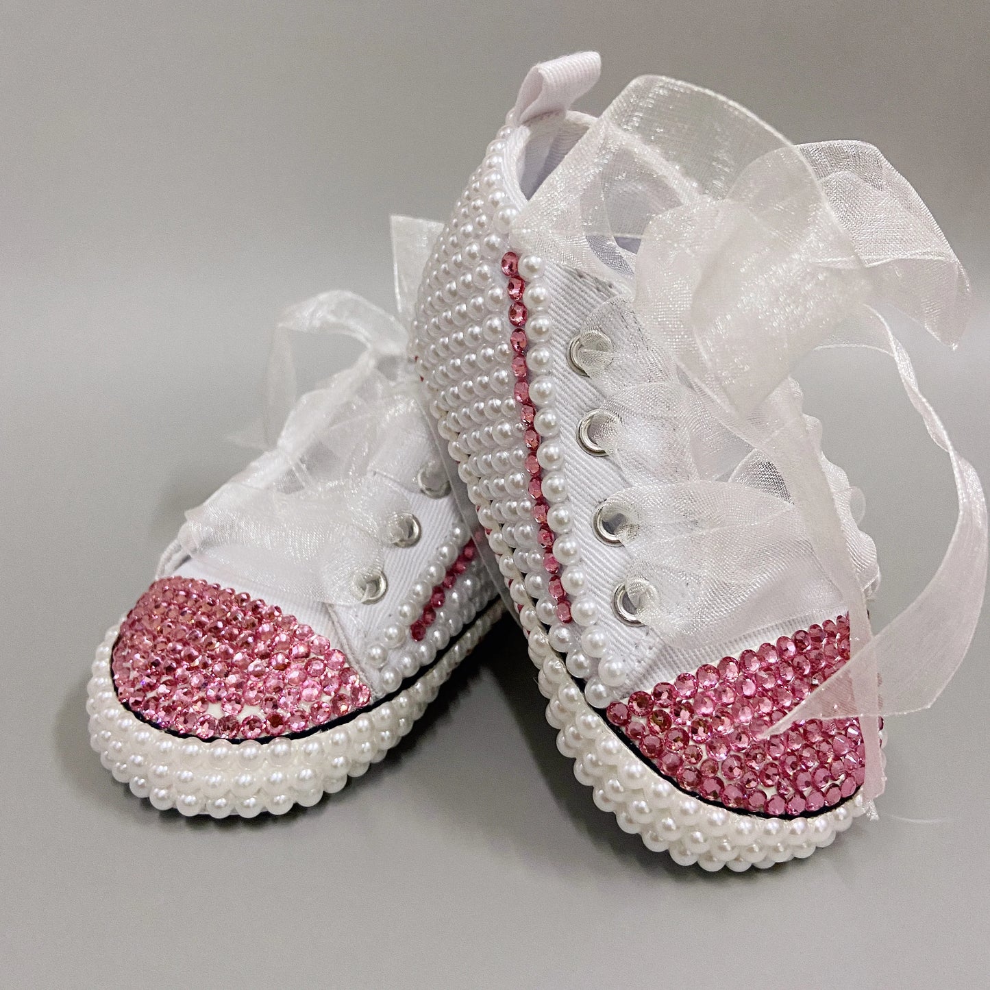 Dollbling Handmade White Pearls Bling Rhinestone Baby Crib Shoes Christening Outfit Wedding Sparkle Organza Baptism 0-3m Shoes