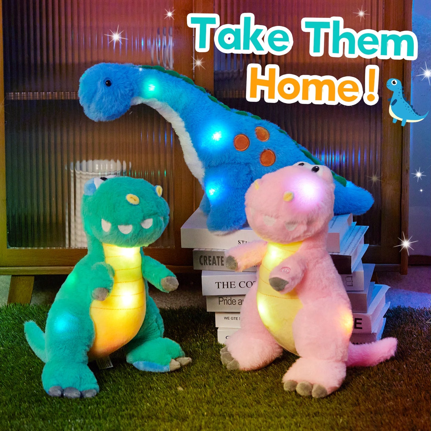 Glowing Green Dinosaur Plush Toy,Cuddly Dinosaur Stuffed Animal With Colorful Lights, Happy Mother's Day Gift