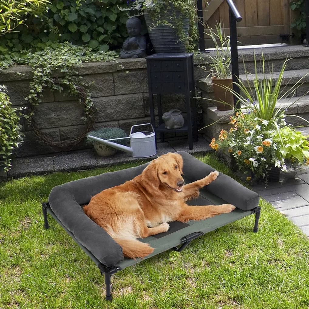 BINGOPAW Outdoor Elevated Dog Bed Cooling Raised Pet Lounger Bed Mesh Cot Sleep Camping Bed with Detachable Plush Bolster