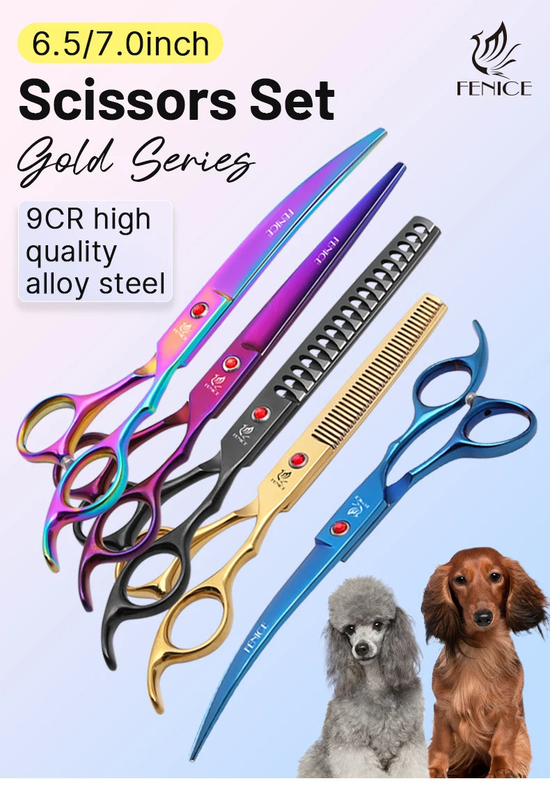 Fenice Classical Model homeuse 9cr steel 6.5/7.0 Inch rainbow&black dog grooming scissors Shears set for household pet owner