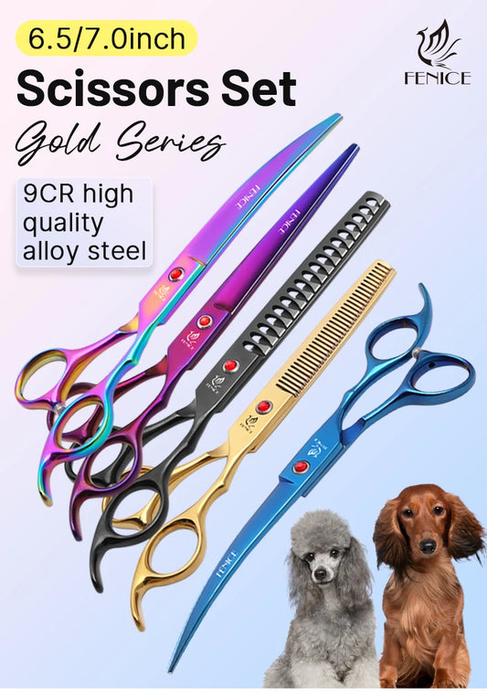 Fenice Classical Model homeuse 9cr steel 6.5/7.0 Inch rainbow&black dog grooming scissors Shears set for household pet owner