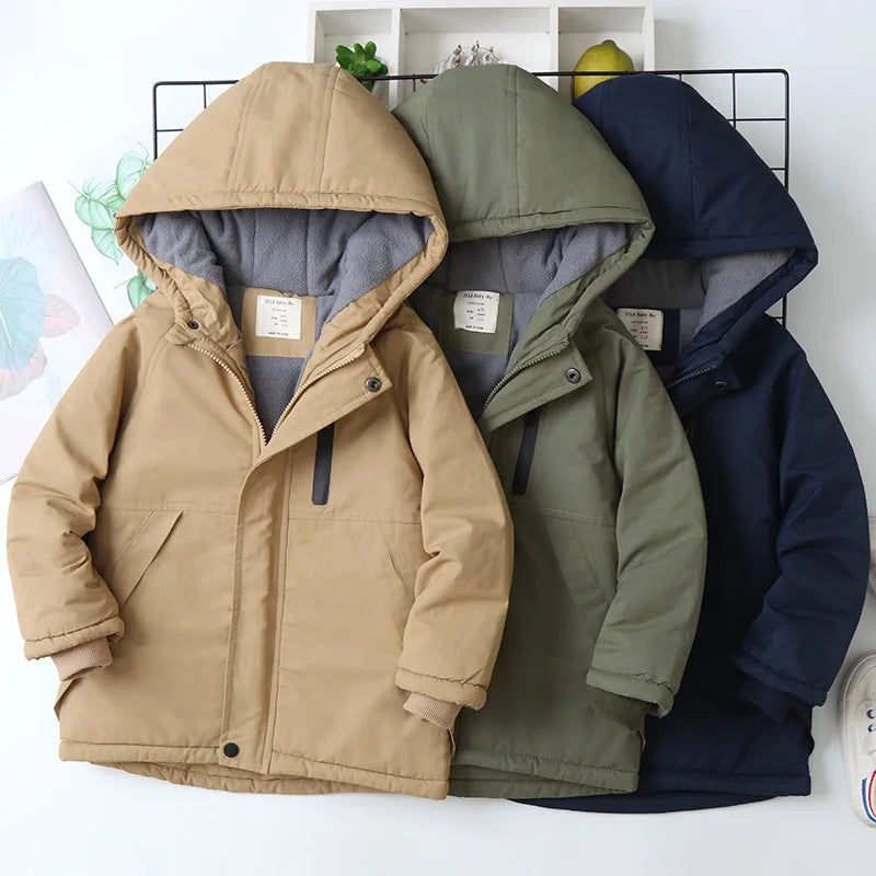 Autumn Winter 4-14 Year Boys Hooded Plus Velvet Thicken Warm Children Parka Teenage Boy Outerwear Jacket