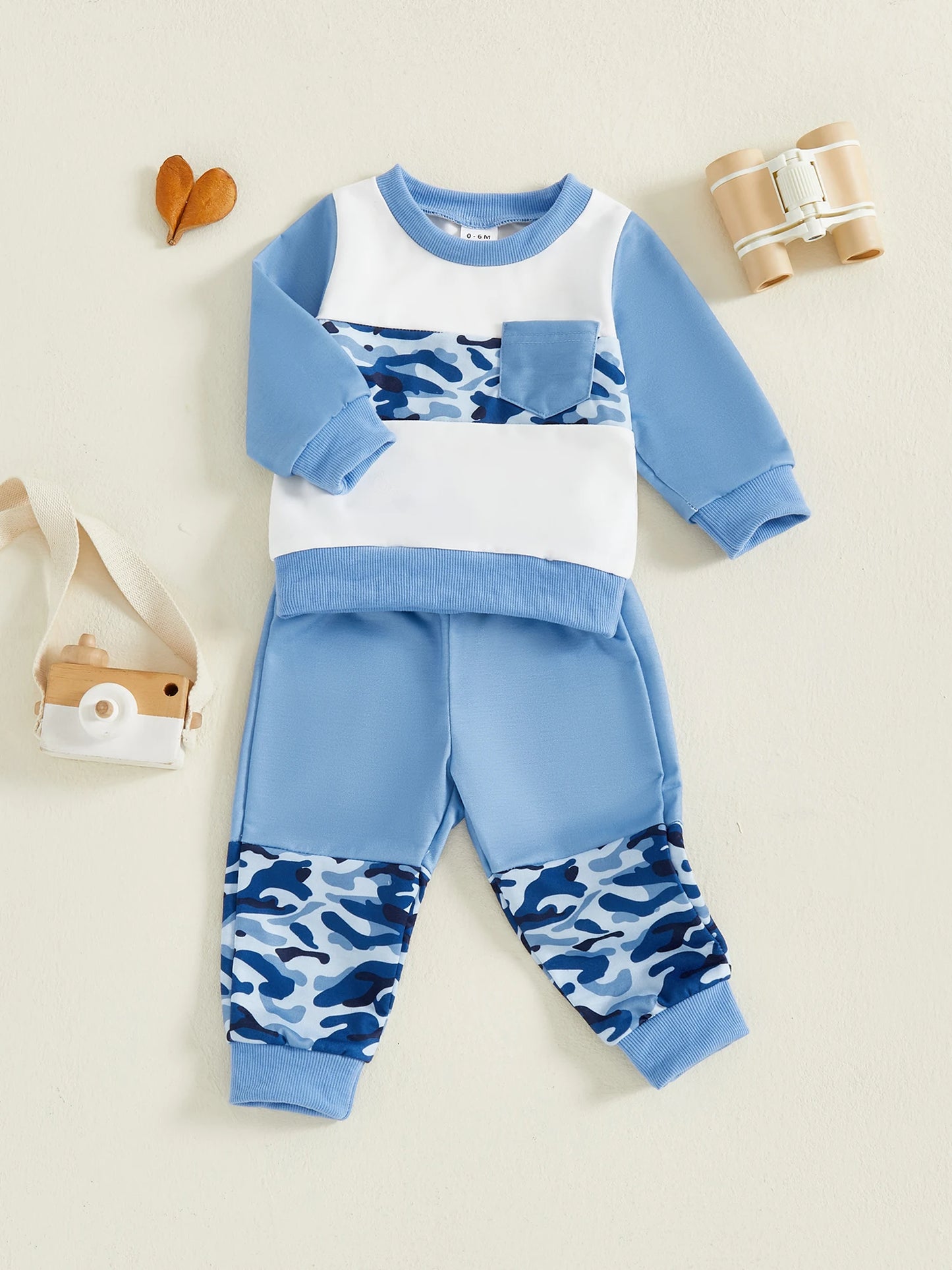 Baby Boy Autumn Clothes Camo Print Long Sleeve Crew Neck Sweatshirt Stretchy Waistband Trousers 2 Piece Suit