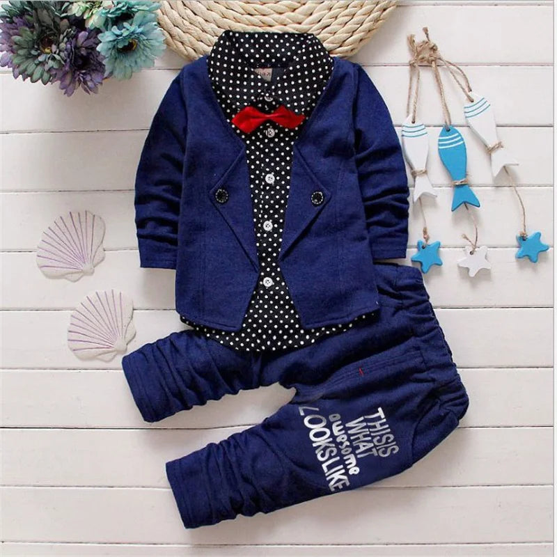 Autumn toddler boy polka dot V-neck bow tie shirt+suit jacket+letter printed trousers 3Pcs suit