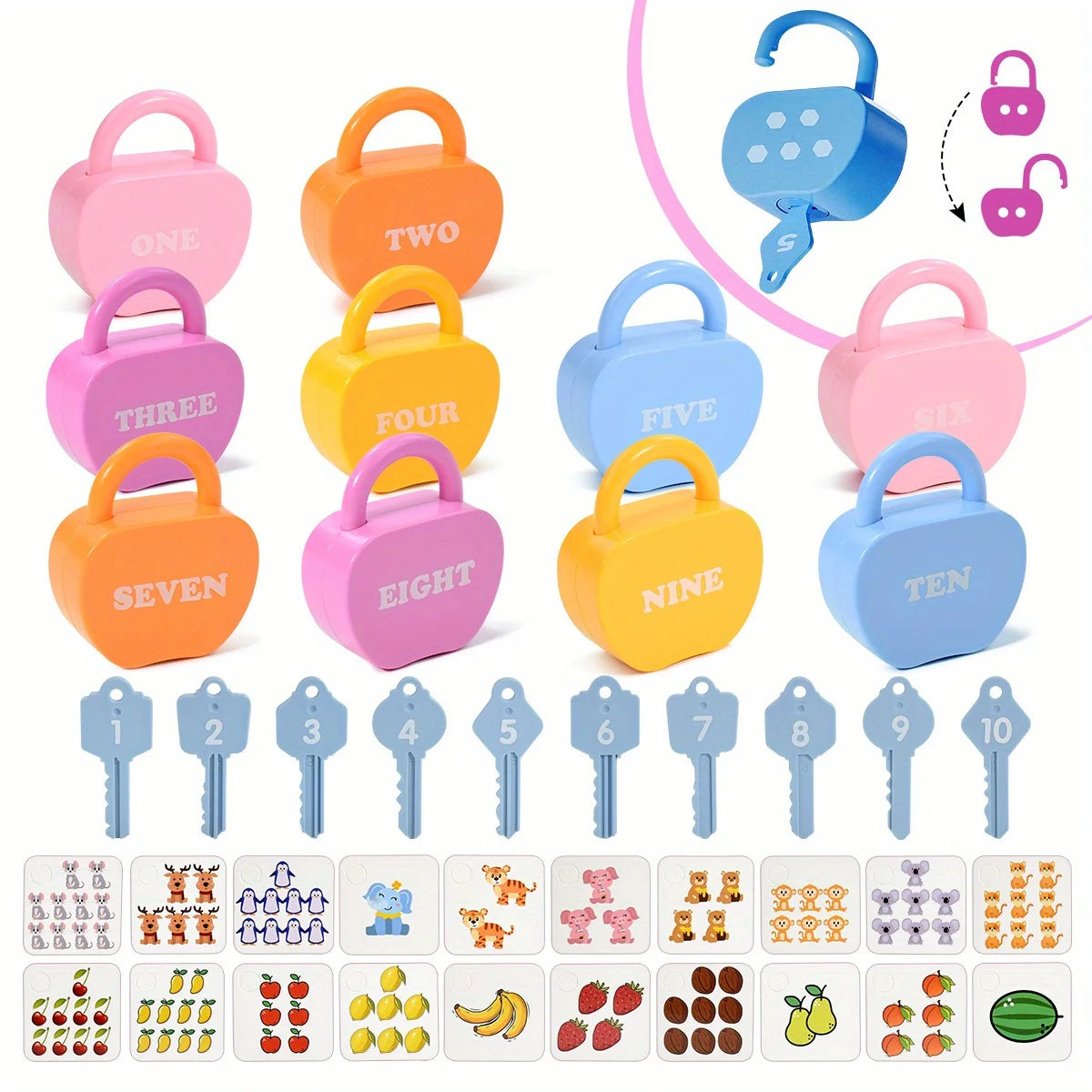 10 Set  Apple Locks Keys Cards Matching Toys Kids Educational Learning Matching Counting Homeschool Math Toy Gift for 3+ Child