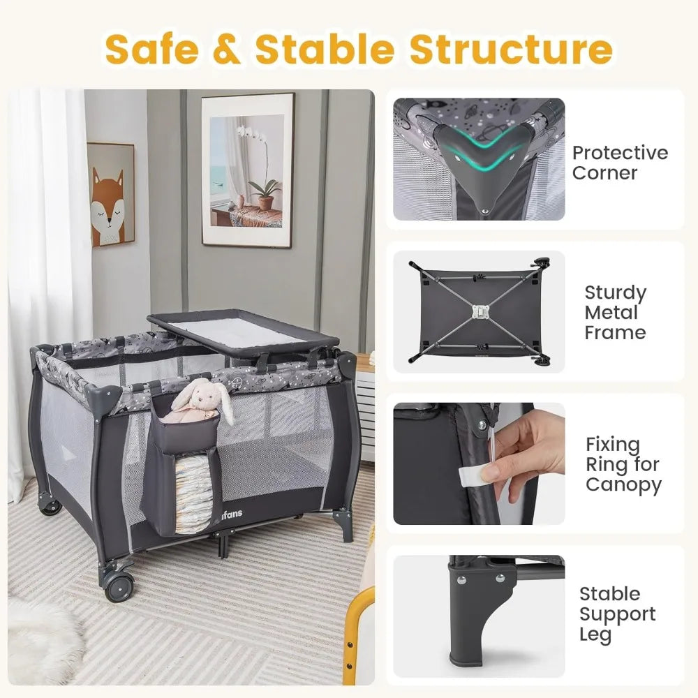 4 in 1 Pack and Play, Portable Travel Baby Playard with Bassinet, Changing Table, Canopy, Mosquito Net, Hanging Toys,