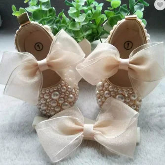 Dollbling Handmade White Pearls Bling Rhinestone Baby Crib Shoes Christening Outfit Wedding Sparkle Organza Baptism 0-3m Shoes